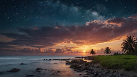 Tropical beach at beautiful sunset, Sri Lanka. Panorama