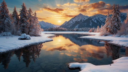 Beautiful winter landscape with snow-covered trees and mountainsの写真素材