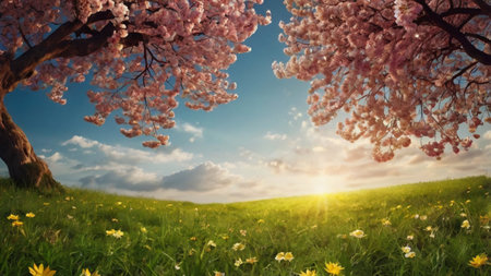 Cherry blossoms on meadow in spring time. Nature backgroundの写真素材