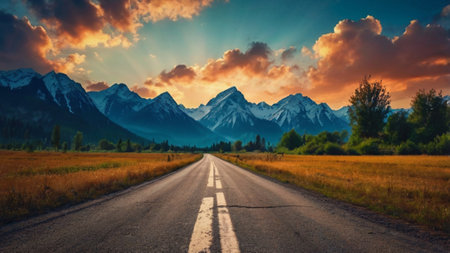 Asphalt road in Grand Teton National Park, Wyoming, USAの写真素材