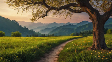Sunset in the mountains. Beautiful summer landscape. Country road in the mountains.