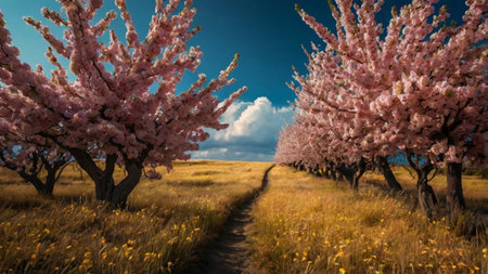 Spring landscape with blooming cherry trees and a path in the fieldの写真素材
