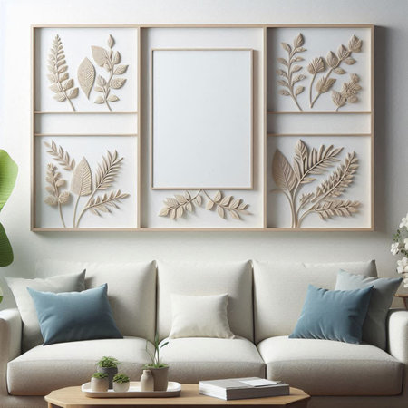 Modern living room interior with mock up poster frame. 3d render illustration
