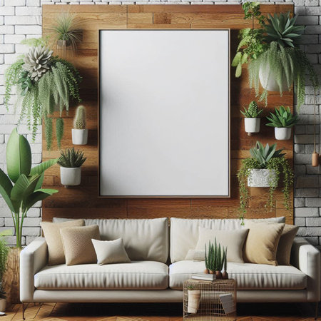 Interior of modern living room with white sofa, plants and mock up poster frame. 3d renderの写真素材