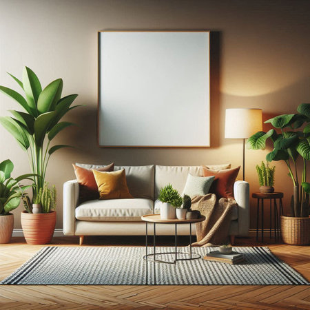 Interior of modern living room with beige walls, wooden floor, comfortable sofa, coffee table and...