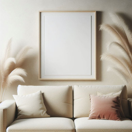 Interior of living room with beige sofa, pillows and white mock up poster frame. 3d render