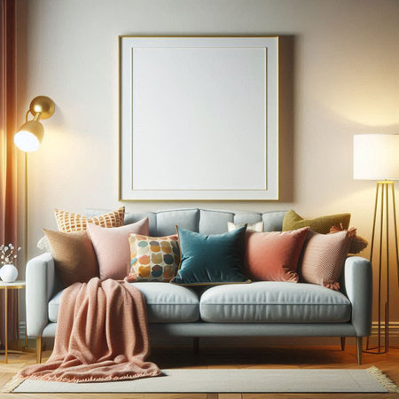 Mock up poster frame in interior background, 3D render illustrationの写真素材