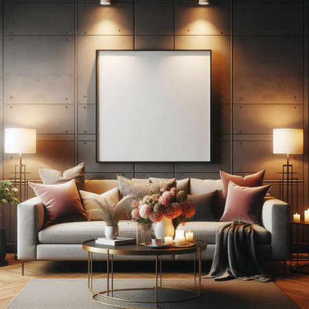 Interior of modern living room with brown walls, wooden floor, comfortable gray sofa standing near...