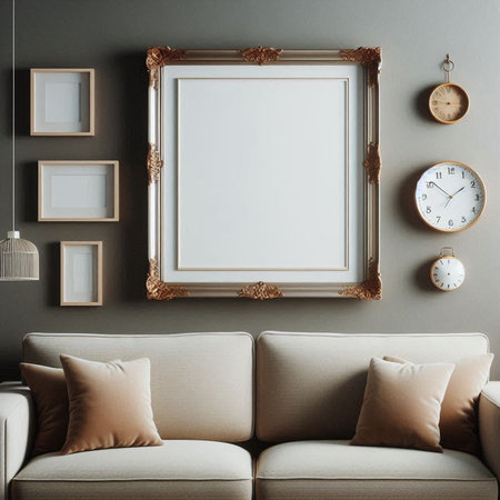 Interior of modern living room with beige sofa, wooden frames and clocks. 3d renderの写真素材