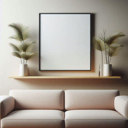 Interior of modern living room with brown sofa, plants and blank frame