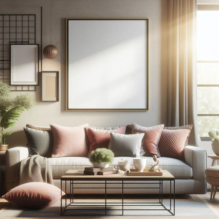 Interior of living room with beige walls, concrete floor, comfortable gray sofa with pink cushions, coffee table and mock up poster frame. 3d renderingの写真素材