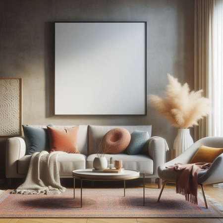 Living room interior with sofa, coffee table and blank poster. Mock up, 3D Rendering