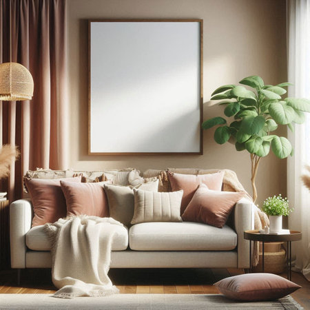 Interior of modern living room with beige sofa, pillows, coffee tablerative plants and mock up poster. 3d renderの写真素材