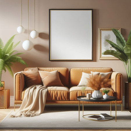 Interior of living room with beige sofa, coffee table and mock up poster. 3d render