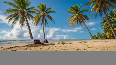 Tropical beach with coconut palm trees at Seychellesの写真素材