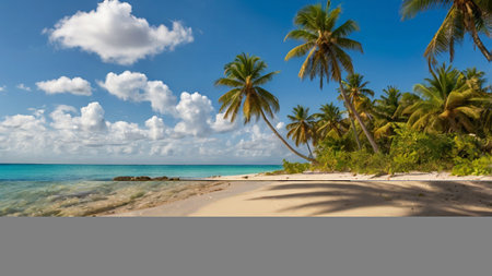 tropical beach with coconut palm trees and blue sky with white cloudsの写真素材