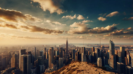 New York City skyline panorama with skyscrapers at sunset.
