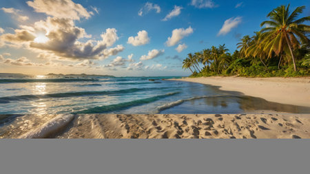 Beautiful seascape with coconut palm trees and sand at sunset