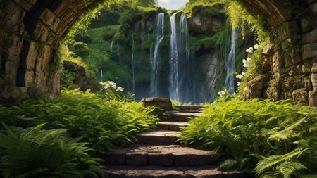 Waterfall in a beautiful garden on a summer day. 3d renderingの写真素材