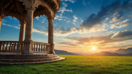 Beautiful sunset in the meadow with an ancient gazeboの写真素材