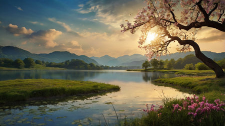 Beautiful spring landscape with blooming tree and lake at sunset.の写真素材