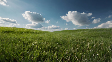Green field with blue sky and white clouds. Panoramic image.
