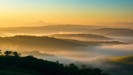 Foggy morning in the hills of the Ukrainian Carpathiansの写真素材