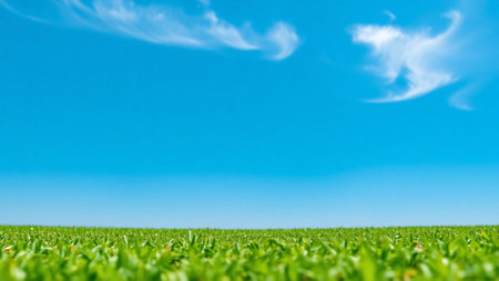 Green grass under blue sky with white clouds. Nature background and textureの写真素材