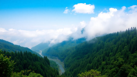 Mountain landscape with forest and river under the blue sky and clouds
