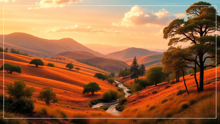 Landscape with a small river in the mountains at sunset. Retro style