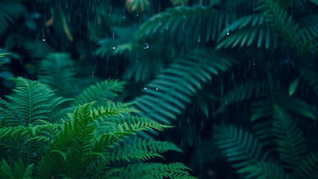 Rain drops on green fern leaves in rain forest. Nature backgroundの写真素材
