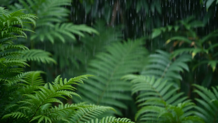 Rain in the green forest. Raindrops on the green leaves.の写真素材