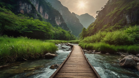 Wooden bridge over a mountain river with green grass and sunlight in the backgroundの写真素材