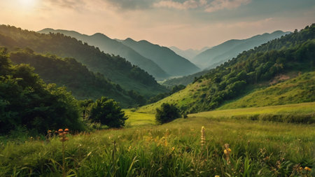 Landscape of green grassy meadow and mountains at sunset.の写真素材