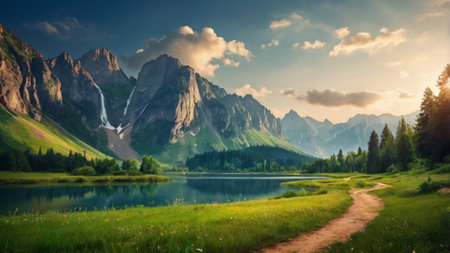 Panoramic view of the mountain lake. Beautiful summer landscape.の写真素材