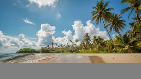 Beautiful tropical beach with coconut palm trees and blue sky at Seychellesの写真素材