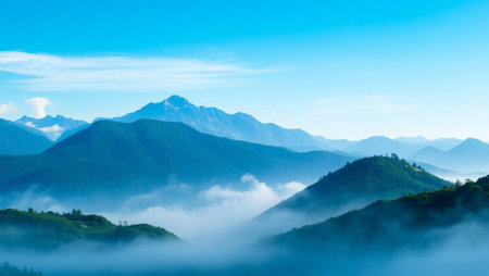 Mountain landscape with fog and blue sky. Beautiful nature background.の写真素材