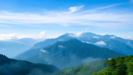 Panoramic view of the mountains in the fog. Carpathians, Ukraineの写真素材