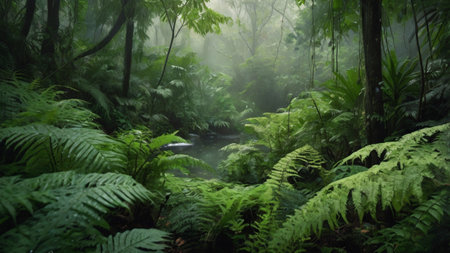 tropical rainforest with green ferns and trees in mistの写真素材