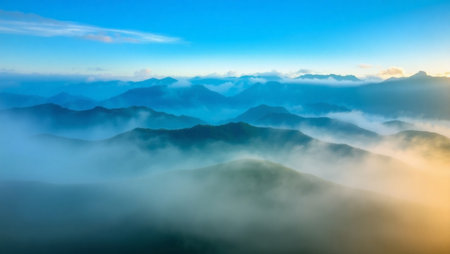 Mountain landscape with fog in the morning at Doi Ang Khang, Chiang Mai, Thailandの写真素材