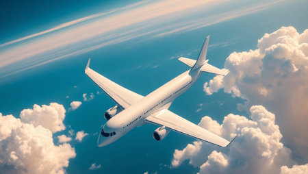 Airplane flying in the blue sky with white clouds. Travel concept.
