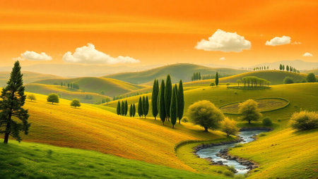 Beautiful Tuscany landscape with a river and cypresses