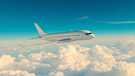 Airplane flying in the blue sky with white clouds. 3d rendering