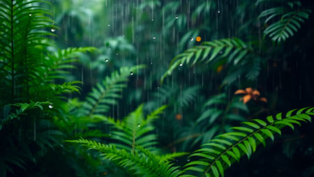 Rain drops on green fern leaves in rainy season. Nature backgroundの写真素材