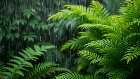 Rain drops on green ferns in the rainy season. Selective focus.の写真素材