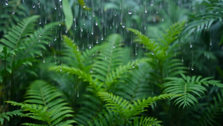 Rain drop on green fern leaves in the rain forest. Nature backgroundの写真素材