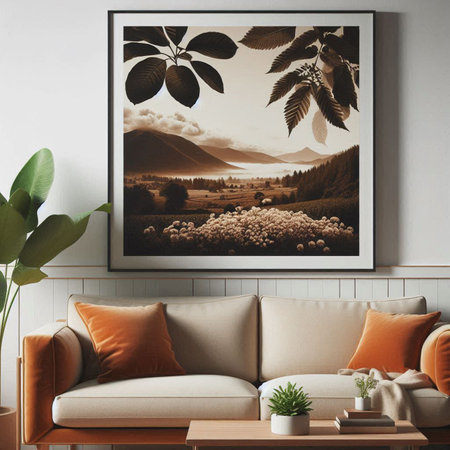 Interior of modern living room with beige sofa, orange cushions, plant, coffee table and poster. 3d renderの写真素材