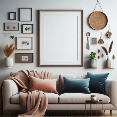 Mock up poster frame in interior background, Scandinavian style, 3D renderの写真素材