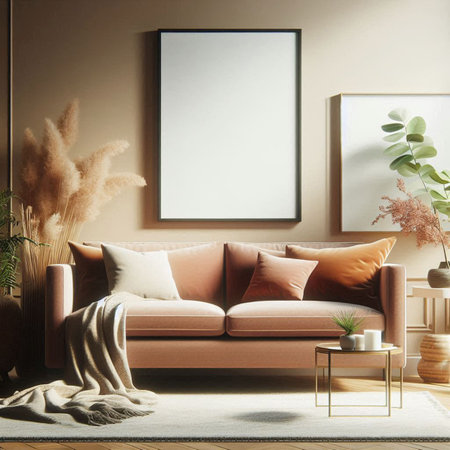 Mock up poster frame in modern living room interior, 3d renderの写真素材