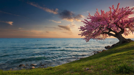 Beautiful sakura tree on the shore of Lake Garda, Italyの写真素材